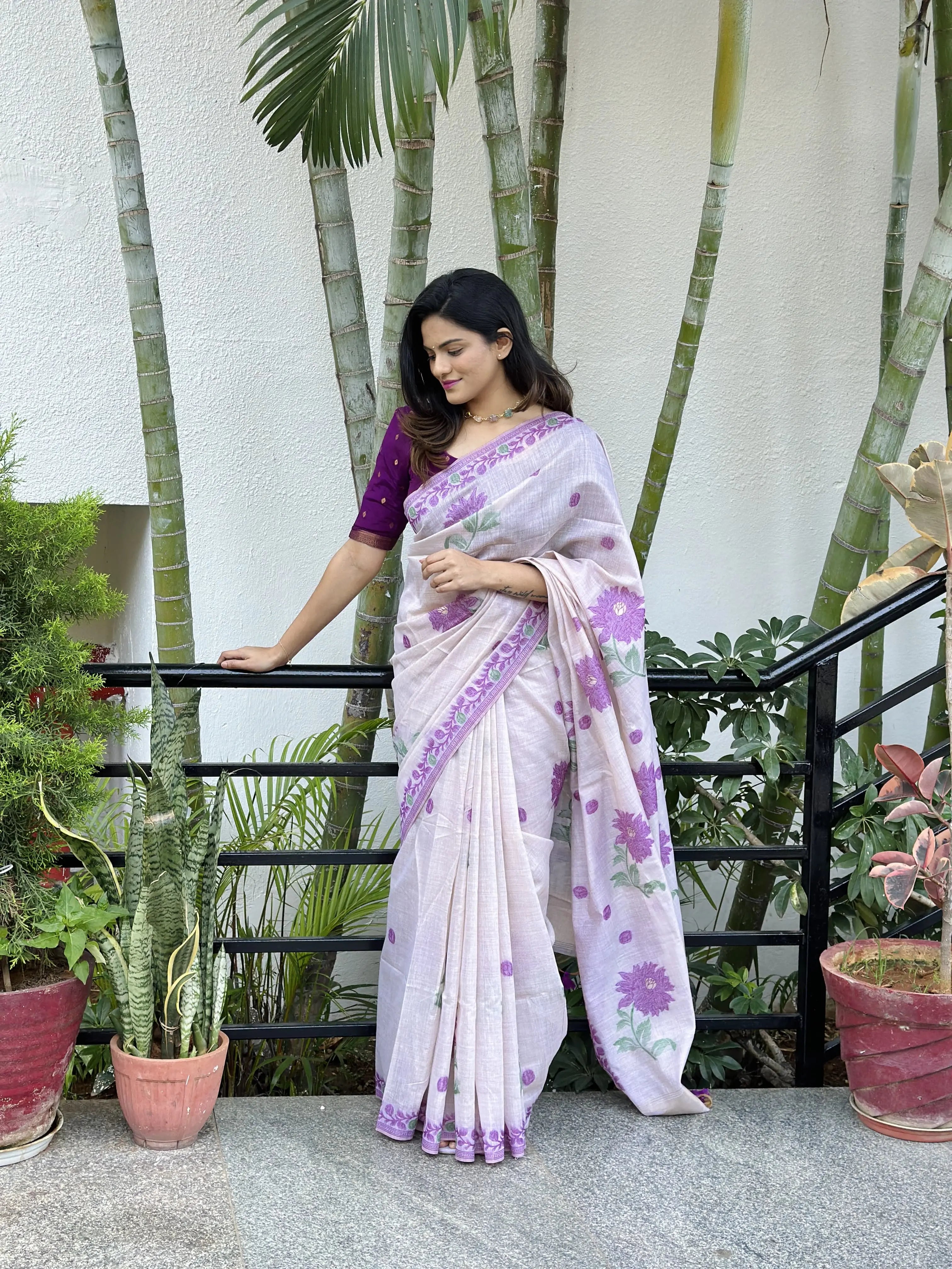 Purple Resham Weaving Soft Muga Cotton Saree - kalyanja
